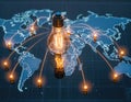 Light bulb on world map with connected lines showing global energy distribution and technology usage Royalty Free Stock Photo
