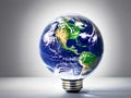 Light bulb with planet earth as it glass, save the world, energy saving, AI generated