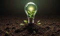 light bulb with plant growing inside it is surrounded by small green plants emerging from the soil, with dark Royalty Free Stock Photo