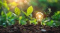 Light bulb in a plant pot with plants growing out of it, AI Royalty Free Stock Photo