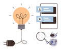 Artificial intelligence analyzing online data with chatbot and light bulb innovation concept Royalty Free Stock Photo