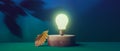 Light bulb on a podium with an autumn leaf - 3D Royalty Free Stock Photo