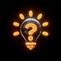 Light bulb question mark glossy neon bright realistic sign on black background 3d render Royalty Free Stock Photo