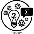 Light bulb with question mark inside surrounded by gears and a speech bubble with a sigma symbol representing theory Royalty Free Stock Photo