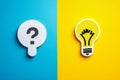 A light bulb and question mark on speech bubbles signify a creative idea or a concept for problem solving Royalty Free Stock Photo