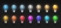 Light bulb. Realistic glowing incandescent and LED lamp from cold to white and warm light, RGB color lights. Vector