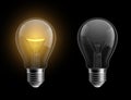 Light bulb realistic. Glowing and turned off isolated on black lamps. Bright yellow glow, electrical equipment. Creative