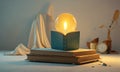 light bulb rests on stack books, casting warm glow, with clock and vase flowers in the background. Royalty Free Stock Photo