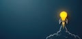 Light bulb rocket blasts off with bright light. Concept of new idea, innovation, business startup, creativity, and launch. Flat Royalty Free Stock Photo