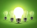 Light bulb, row and green background for bright, electricity and idea for innovation or inspiration. Energy, lighting or Royalty Free Stock Photo