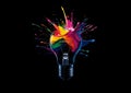 A light bulb shattering with vibrant paint splashes against a black background, generative by Ai Royalty Free Stock Photo