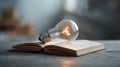 Light bulb shining on open book symbolizing idea and knowledge Royalty Free Stock Photo