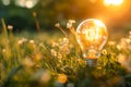 A light bulb sitting in the grass with the sun setting behind it. Generative AI Royalty Free Stock Photo