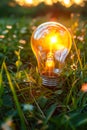 A light bulb sitting in the grass with the sun setting behind it. Generative AI Royalty Free Stock Photo