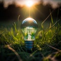 Light bulb sitting in the grass with the sun setting behind it. Generative AI Royalty Free Stock Photo
