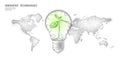 Light bulb with small plant on world map. Lamp saving energy ecology environment sprout idea concept. Polygonal light Royalty Free Stock Photo