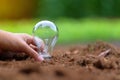 Light bulb on soil with green background. Ecology and saving energy concepts Royalty Free Stock Photo