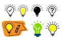 Light bulb with sparkle rays shine. Light bulb and check mark icon. Idea light bulb on speech bubble. quick tips badge. Idea or