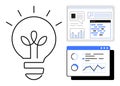 Light bulb symbol, analytics dashboard, and communication interface representing ideas, innovation, and data Royalty Free Stock Photo