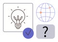Light Bulb Idea with Globe, Question Mark, and Check Mark for Innovation and Decision-Making Royalty Free Stock Photo