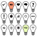 Light bulb symbols with various idea icons