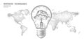 Light bulb with tree on world map. Lamp saving energy ecology environment idea concept. Polygonal light electricity Royalty Free Stock Photo