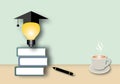 Light bulb wearing graduation cap on books with pen and coffee cup. Royalty Free Stock Photo