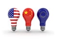 Light bulbs with American, chinese and euro flag