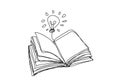 Light bulbs and book , inspiration of ideas , open book design, continuous line art, vector illustration