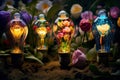 Light Bulbs with colorful flowers in a garden