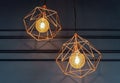 Light bulbs with copper plafonds in vintage style. Edison`s lamps in the loft interior