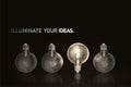 Light bulbs on dark background with text. Concept of choice, creativity, idea. Royalty Free Stock Photo