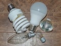 Light bulbs with different light and electrical characteristics on a wooden table. Royalty Free Stock Photo