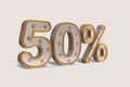 Light bulbs 50% discount, golden promotion sale percent made of realistic 3d with illuminating isolated on light background, offer