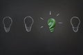 Light bulbs drawn on chalkboard and light bulb made with green leaf, concept of environmental protection and ecology
