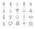 Light bulbs flat line icons. Led lamps types, fluorescent, filament, halogen, diode, energy saving illumination. Thin Royalty Free Stock Photo