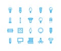 Light bulbs flat line icons. Led lamps types, fluorescent, filament, halogen, diode and other illumination. Thin linear Royalty Free Stock Photo