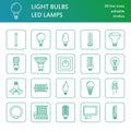 Light bulbs flat line icons. Led lamps types, fluorescent, filament, halogen, diode and other illumination. Thin linear