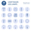 Light bulbs flat line icons. Led lamps types, fluorescent, filament, halogen, diode and other illumination. Thin linear