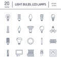 Light bulbs flat line icons. Led lamps types, fluorescent, filament, halogen, diode and other illumination. Thin linear