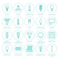 Light bulbs flat line icons. Led lamps types, fluorescent, filament, halogen, diode and other illumination. Thin linear