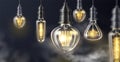 Light bulbs fog background. Realistic Edison lamps. 3D glowing objects in white mist. Focus or defocus lightbulbs