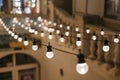 Light bulbs garland. cafe exterior decor. closeup rows of lamps perspective with bokeh