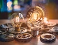 Light bulbs and gears representing brainstorming and idea generation, symbolizing creativity, innovation, and problem solving
