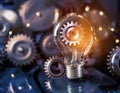 Light bulbs and gears representing brainstorming and idea generation, symbolizing creativity, innovation, and problem solving