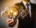 Light bulbs and gears representing brainstorming and idea generation, symbolizing creativity, innovation, and problem solving