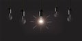 Light bulbs hanging on filament set. Modern decor design on chalkboard vector illustration. Glowing and turned off