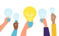 Light bulbs idea in hand, vector illustration, flat person group hold creative innovation solution, inspiration with