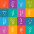 Light bulbs lineart minimal vector iconset on multicolor checkered texture