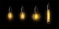 Light bulbs realistic. Hanging edison glowing lamps different forms. Retro light bulb elements isolated on black